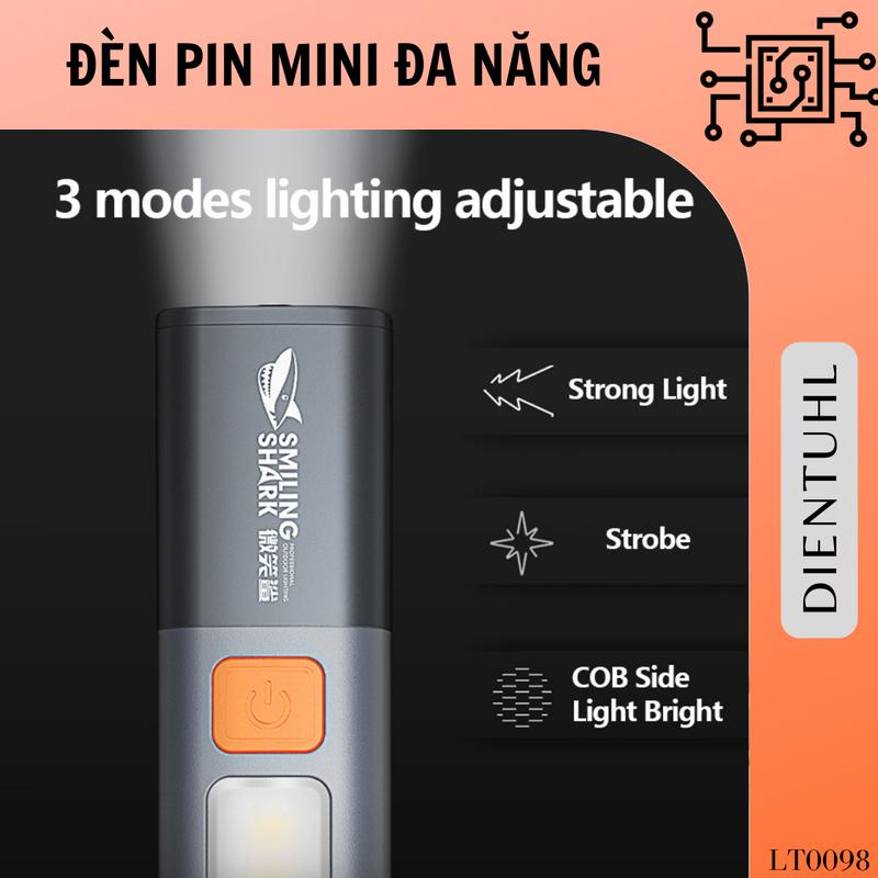Đèn pin LED, Cá mập cười, Thu phóng Có Thể Mở Rộng 1200mAh, với ánh sáng COB bên và móc, sạc USB Đèn pin LED, Cá mập cười, Thu phóng Có Thể Mở Rộng 1200mAh, với ánh sáng COB bên và móc, sạc USB